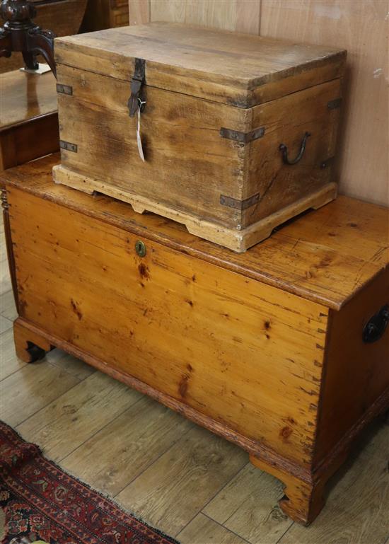 A Victorian pine blanket box together with a smaller trunk Pine trunk W.108cm